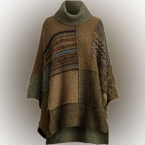 Polo Ralph Lauren Turtleneck Knit Poncho Olive and Brown Fair Isle Patchwork
